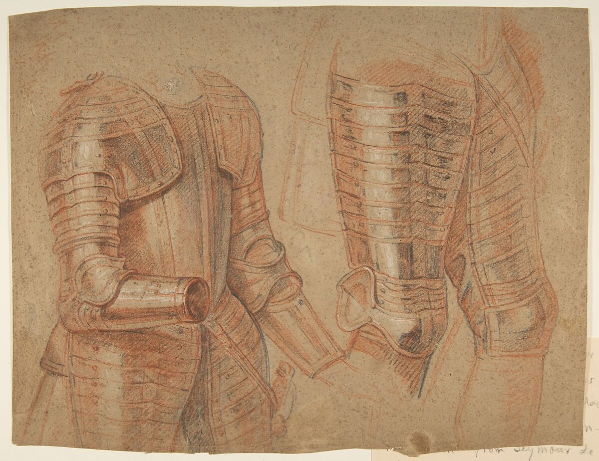 Studies of Armor, Anonymous, French, 17th century, Black and red chalk 