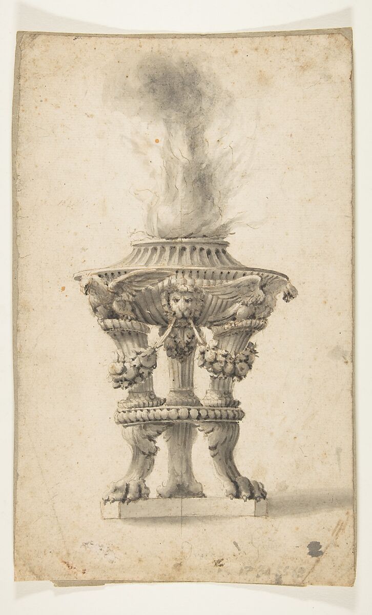 Study of a Fire Urn, Attributed to Anonymous, French, 18th century, Brush and gray and brown wash on laid paper 