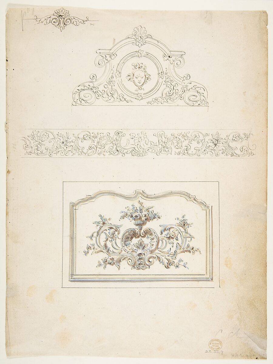 Border and Three Pediments (recto), Fifteen circular Designs (verso), Attributed to Anonymous, French, 18th century, Pen and black ink over graphite, bottom design (recto) with brown, yellow, and blue wash on Whatman paper 