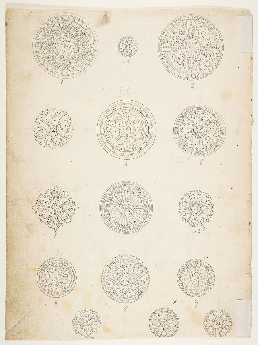 Border and Three Pediments (recto), Fifteen circular Designs (verso), Attributed to Anonymous, French, 18th century, Pen and black ink over graphite, bottom design (recto) with brown, yellow, and blue wash on Whatman paper