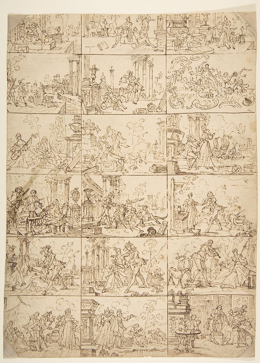 Eighteen Scenes of Courtship (recto), Study of Two Men Meeting Before a Portico, Attributed to Anonymous, French, 18th century, Pen and brown ink (recto), pen and black ink (verso) on laid paper 