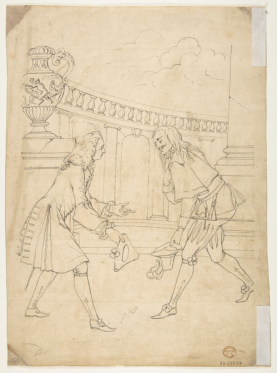 Eighteen Scenes of Courtship (recto), Study of Two Men Meeting Before a Portico, Attributed to Anonymous, French, 18th century, Pen and brown ink (recto), pen and black ink (verso) on laid paper
