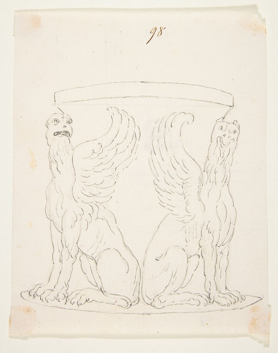 Design for a Vessel with Two Griffons, Attributed to Anonymous, French, 18th century, Pen and gray ink over graphite on laid paper 