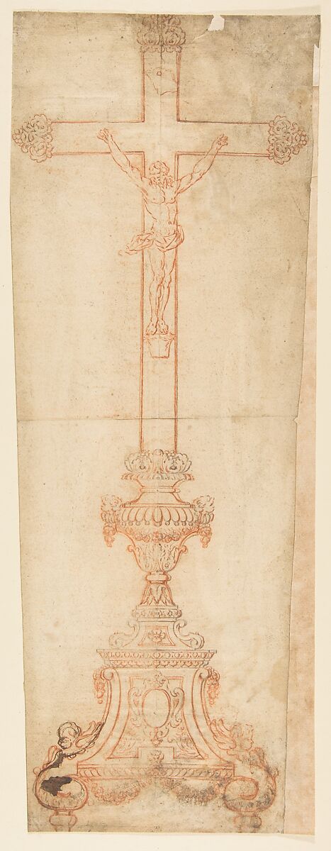 Design for a Crucifix, Attributed to Anonymous, French, 18th century, Red chalk over graphite, touched with pen and brown ink along bottom left 