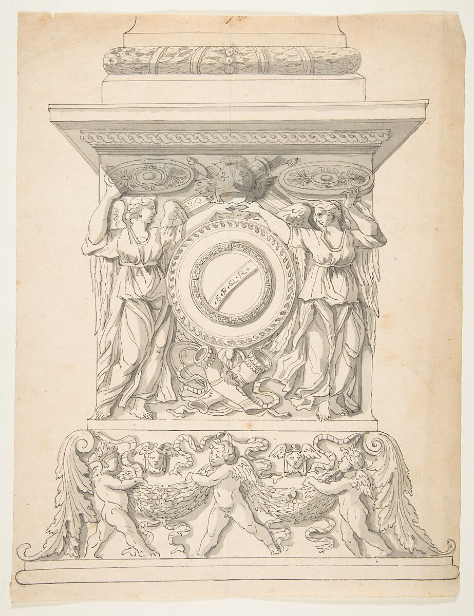 Design for a Column Base, Attributed to Anonymous, French, 18th century, Pen and gray ink over graphite with brush and gray wash 