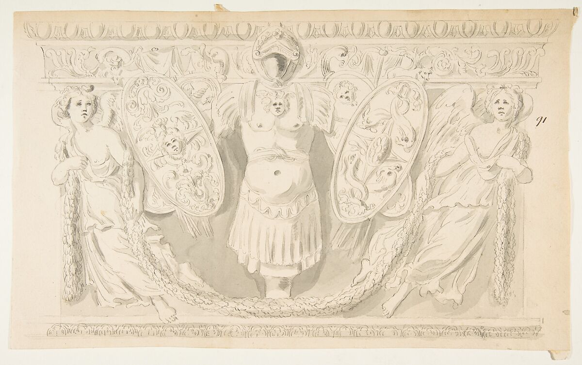 Design after a Roman Frieze, Attributed to Anonymous, French, 18th century, Pen and gray ink with brush and gray wash over graphite on laid paper 