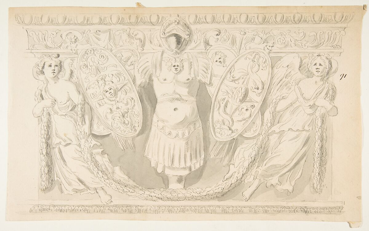 Design after a Roman Frieze, Attributed to Anonymous, French, 18th century, Pen and gray ink with brush and gray wash over graphite 