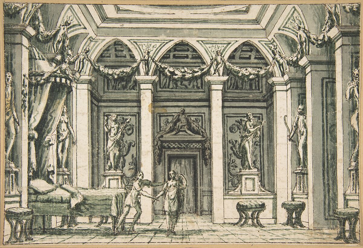 Theater Design, Attributed to Anonymous, French, 18th century, Pen and brown ink heightened with green wash and black ink 