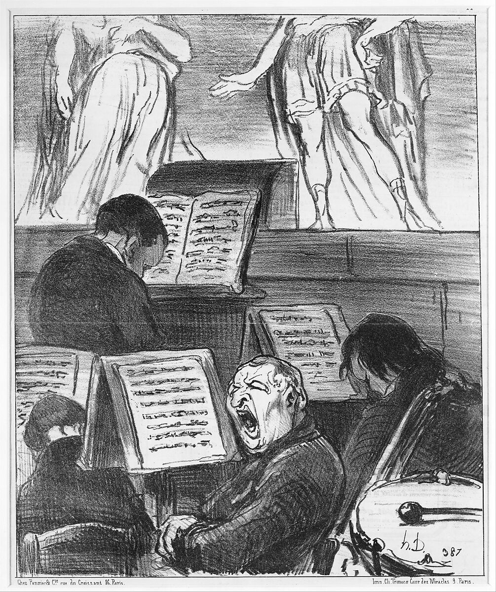 The Orchestra During the Performance of a Tragedy (L'orchestre pendant qu'on joue une tragédie), from Croquis Musicaux, published in Le Charivari,  April 5, 1852, Honoré Daumier (French, Marseilles 1808–1879 Valmondois), Lithograph 