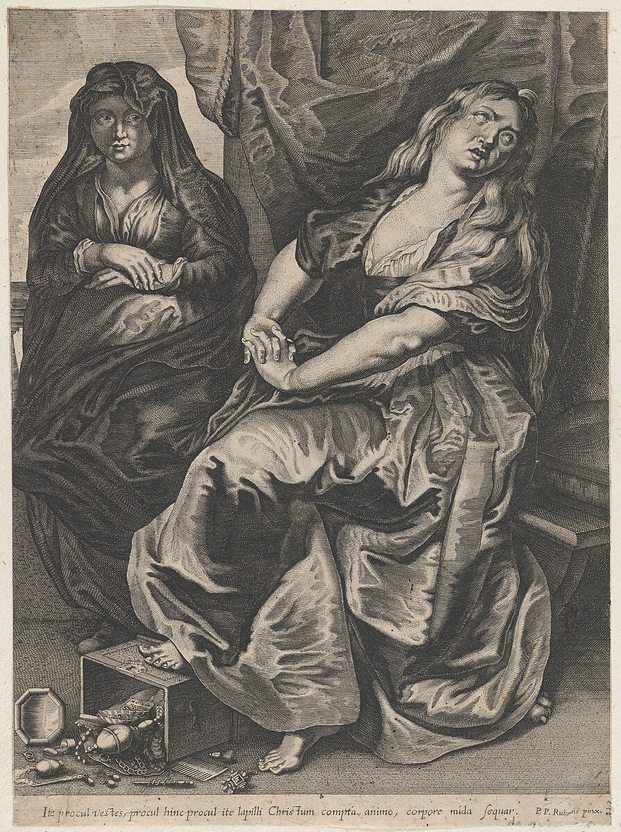 St. Mary Magdalen Trampling Her Valuables, Anonymous, Engraving; reverse copy 