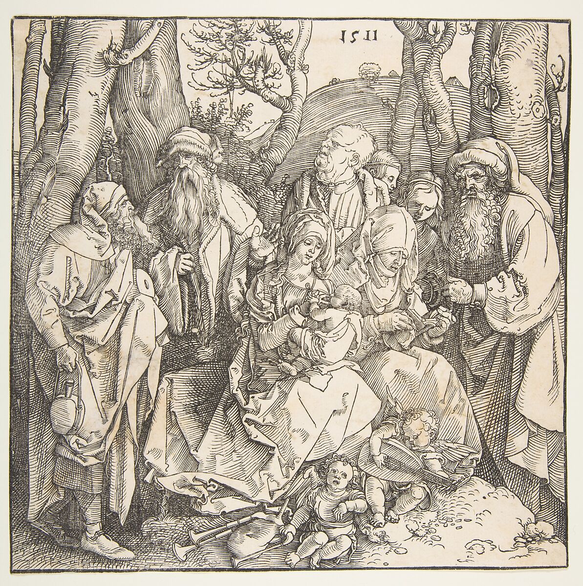 The Holy Family with Saints and Two Musical Angels, Albrecht Dürer (German, Nuremberg 1471–1528 Nuremberg), Woodcut 