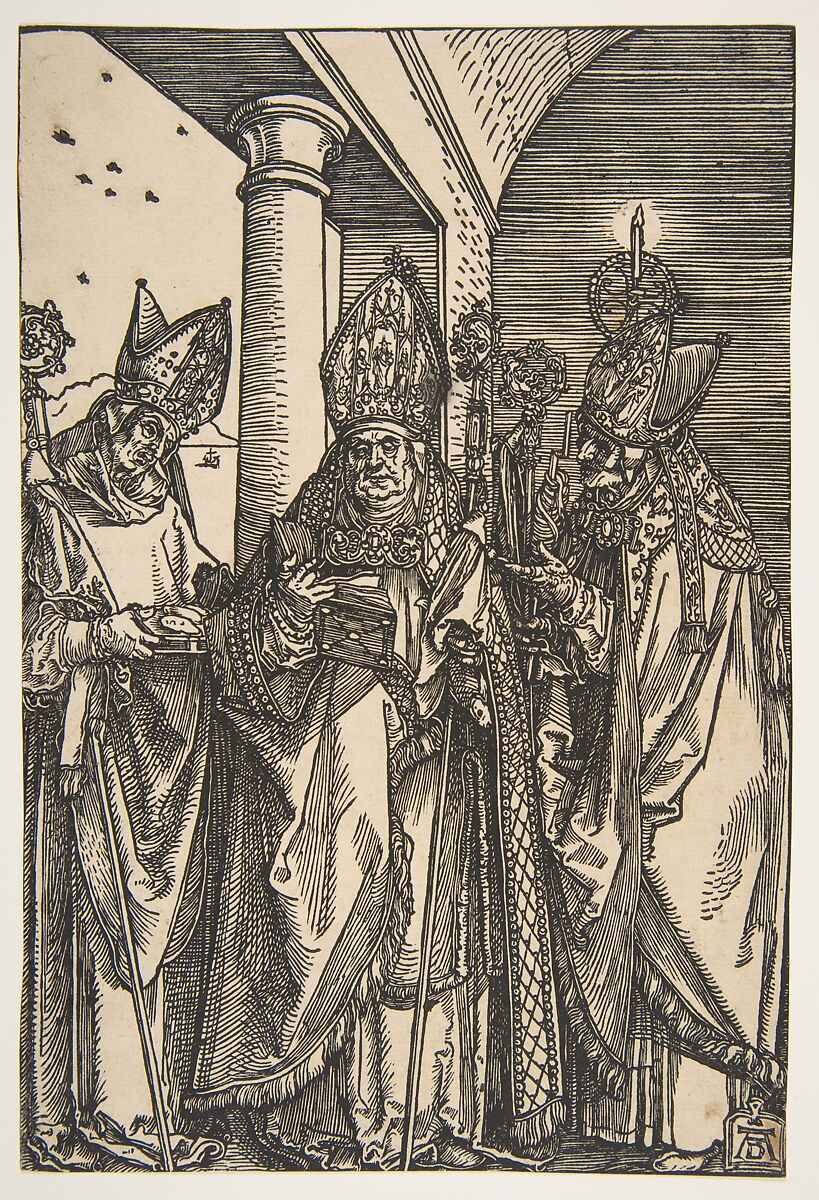 Saints Nicholas, Ulrich and Erasmus, Albrecht Dürer (German, Nuremberg 1471–1528 Nuremberg), Woodcut 