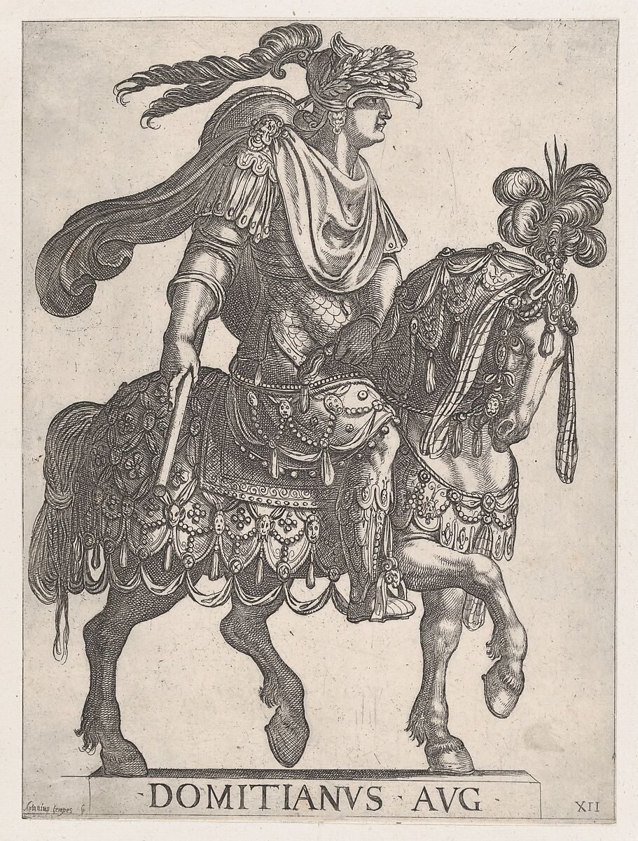 Plate 12: Emperor Domitian on horseback facing right from the 'First Twelve Emperors of Ancient Rome', Antonio Tempesta (Italian, Florence 1555–1630 Rome), Etching 