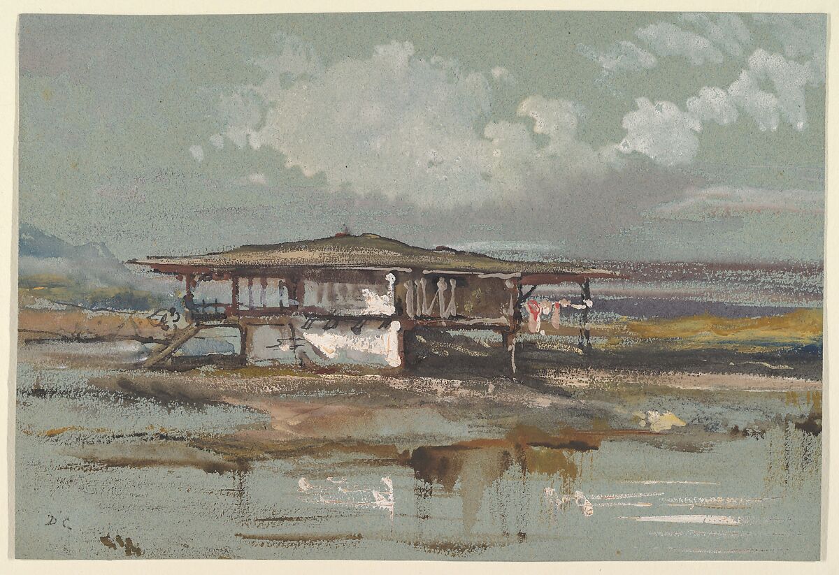 A House in Turkey, Alexandre-Gabriel Decamps (French, Paris 1803–1860 Fontainebleau), ink, chalk, watercolor, and oils on blue wove paper 