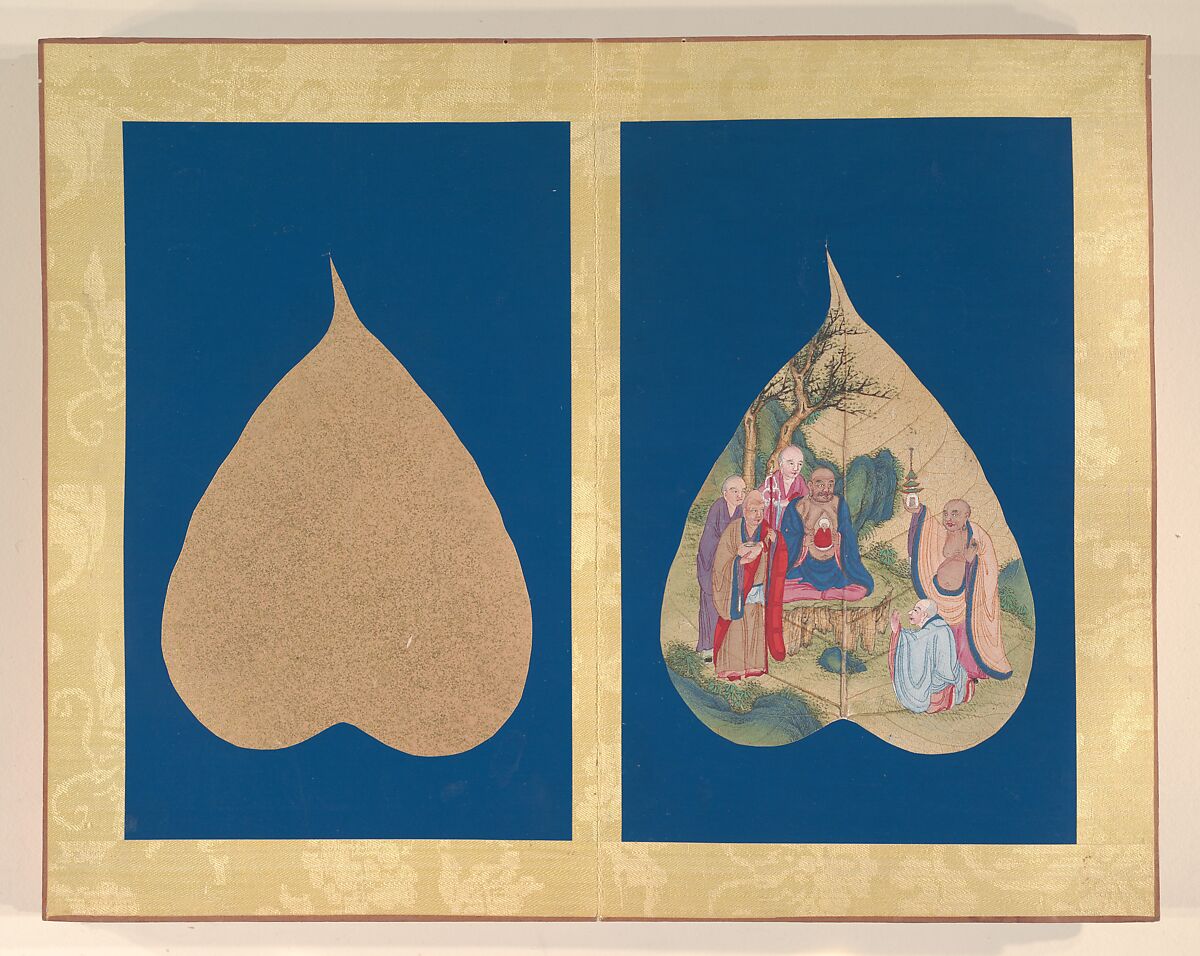 Luohans, Unidentified Artist, Album of eighteen leaves; ink and color on bodhi tree leaves, China
