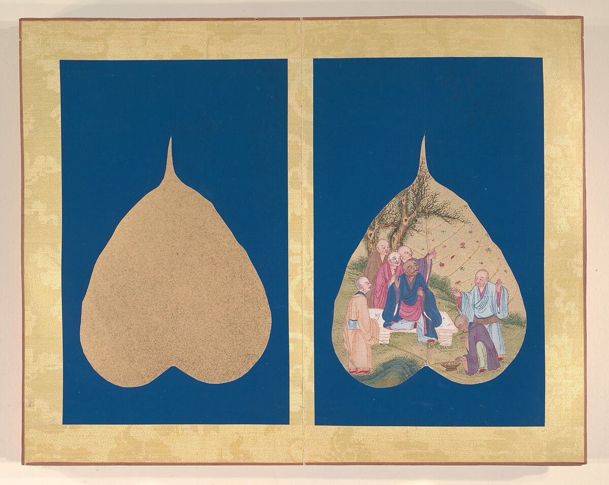 Luohans, Unidentified Artist, Album of eighteen leaves; ink and color on bodhi tree leaves, China