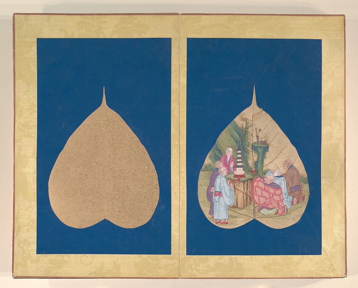 Luohans, Unidentified Artist, Album of eighteen leaves; ink and color on bodhi tree leaves, China
