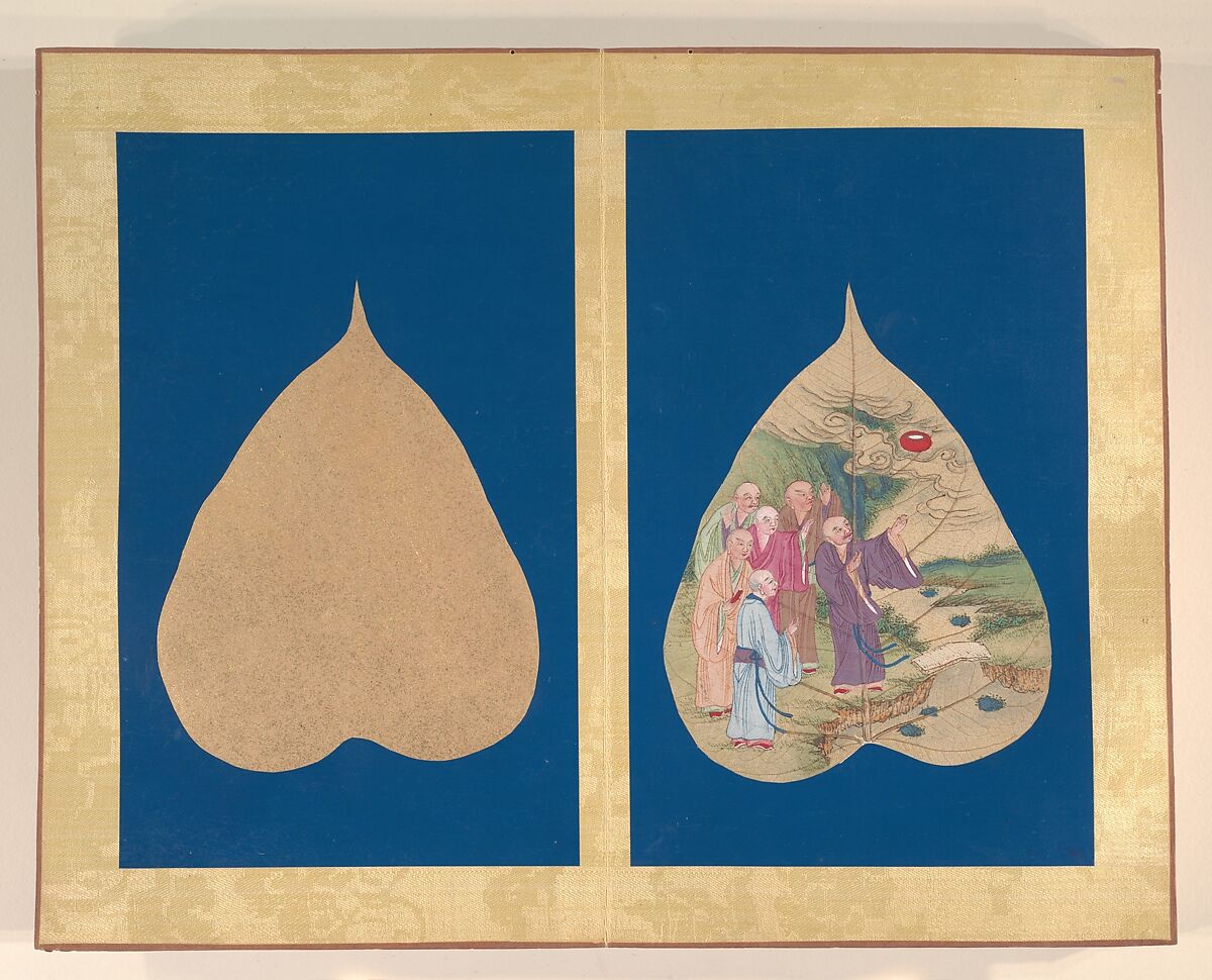 Luohans, Unidentified Artist, Album of eighteen leaves; ink and color on bodhi tree leaves, China