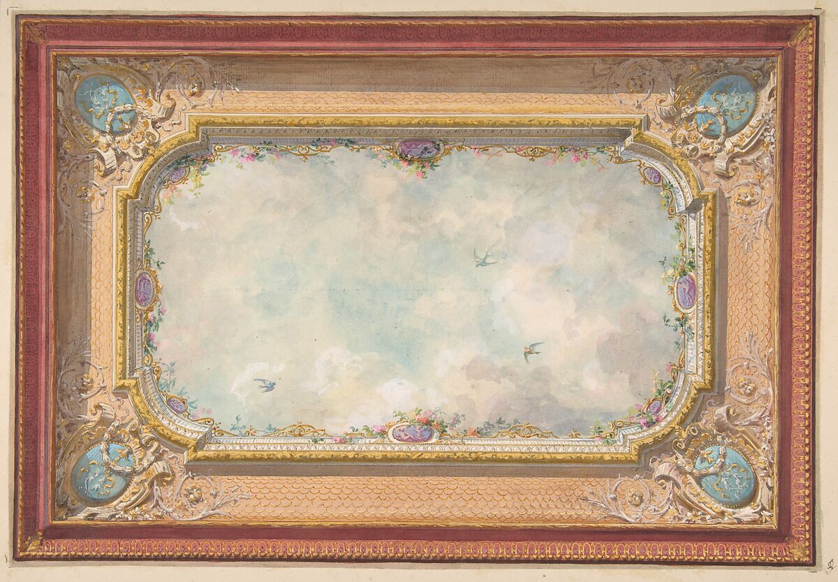Design for a ceiling with trompe l'oeil sky, Jules-Edmond-Charles Lachaise (French, died 1897), Graphite, gouache, and watercolor 