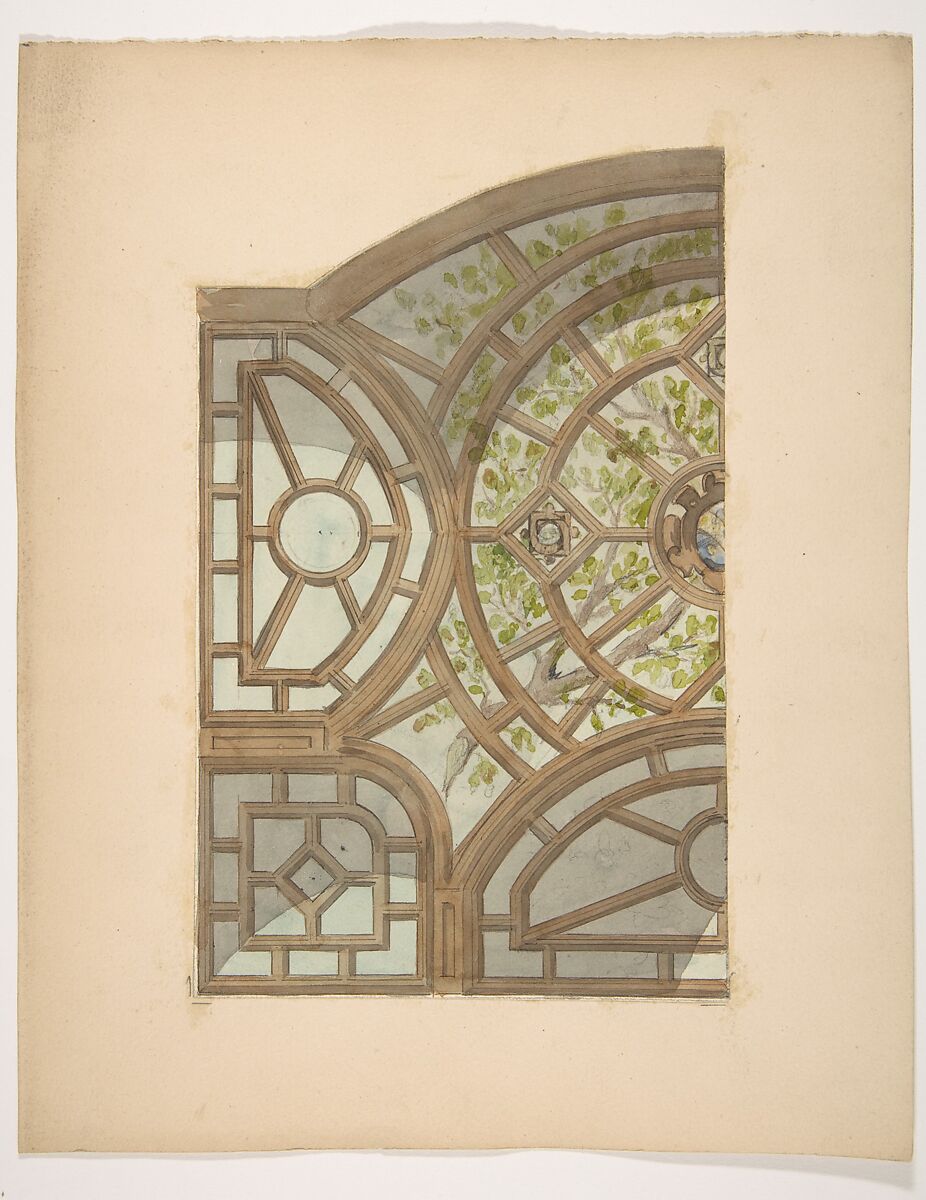 Design for one section of a ceiling painted with trees and lattices, Jules-Edmond-Charles Lachaise (French, died 1897), Graphite, pen and black ink, and watercolor 