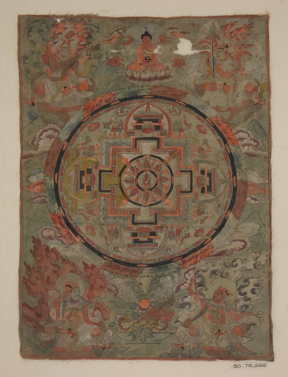 Buddha Surrounded By Bodhisattvas, Green and orange color on silk, Tibet (Tun Huang) 