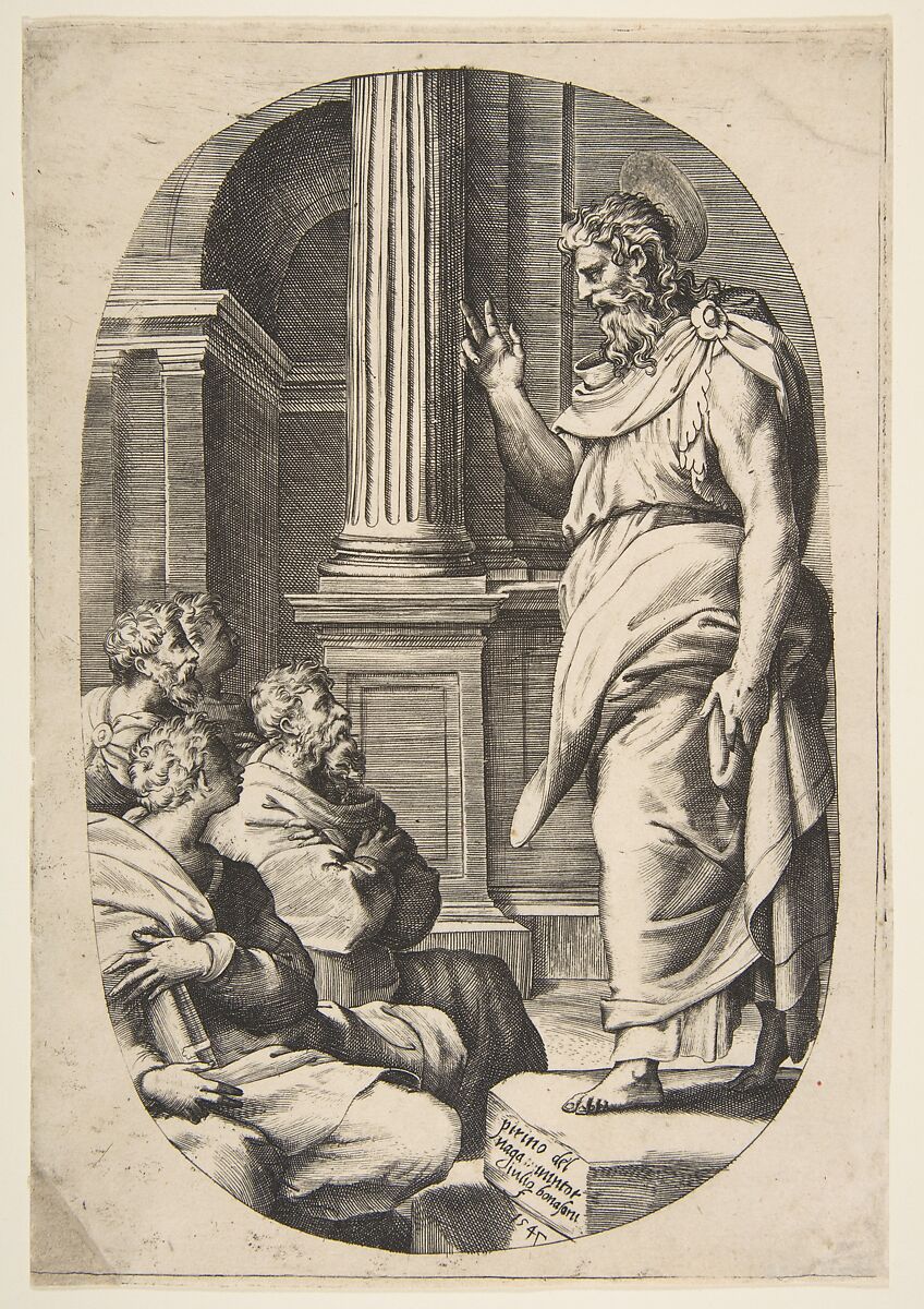 Saint Paul Preaching, an oval composition, Giulio Bonasone (Italian, active Rome and Bologna, 1531–after 1576), Engraving 
