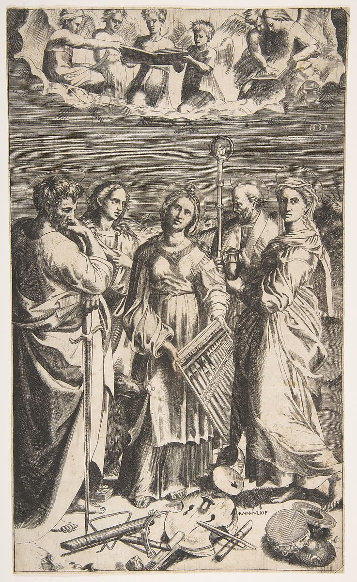 Saint Cecilia standing in the centre accompanied by Saint Paul, the Magdalene, Saint John the Evangelist, and Saint  Augustine, Giulio Bonasone (Italian, active Rome and Bologna, 1531–after 1576), Engraving 