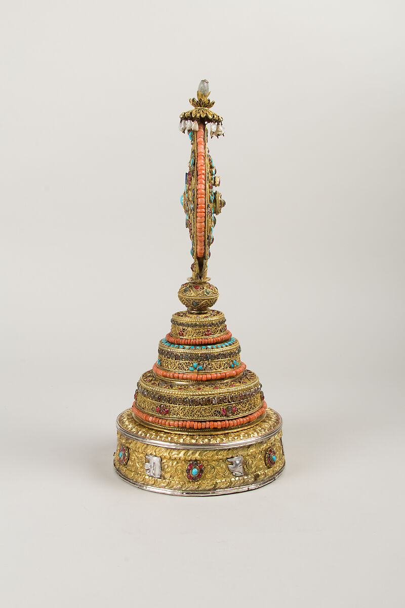 Sacrificial Container, Gilt silver, sapphires, rubies, beryl, quartz, lapis lazuli, coral, shell, and turquoise, Tibet