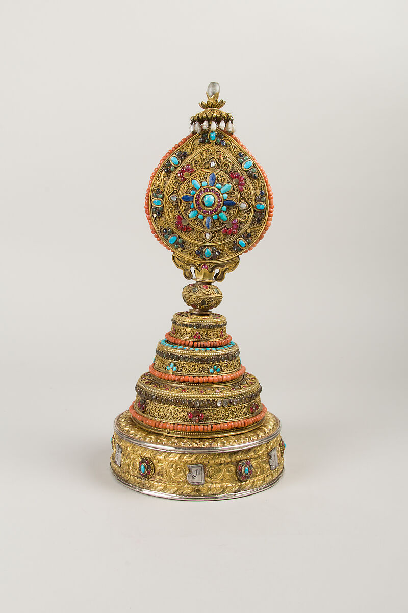 Sacrificial Container, Gilt silver, sapphires, rubies, beryl, quartz, lapis lazuli, coral, shell, and turquoise, Tibet