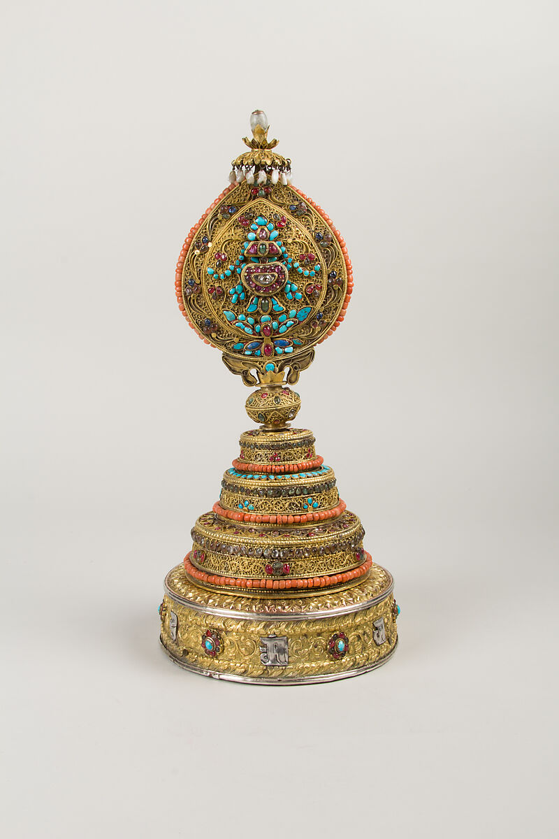 Sacrificial Container, Gilt silver, sapphires, rubies, beryl, quartz, lapis lazuli, coral, shell, and turquoise, Tibet 