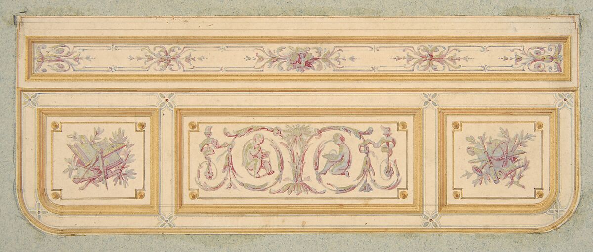 Design for a ceiling with two putti and symbols for the arts, Jules-Edmond-Charles Lachaise (French, died 1897), Graphite, gilt, gouache, and watercolor 