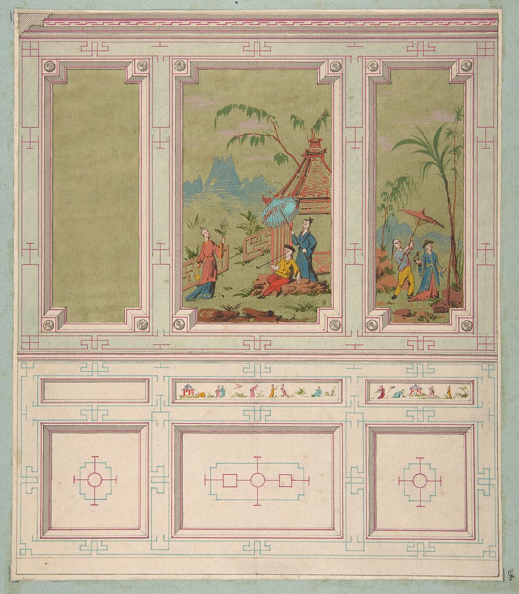 Design for wall panels decorated with Chinoiserie scenes, Jules-Edmond-Charles Lachaise (French, died 1897), Graphite and watercolor 