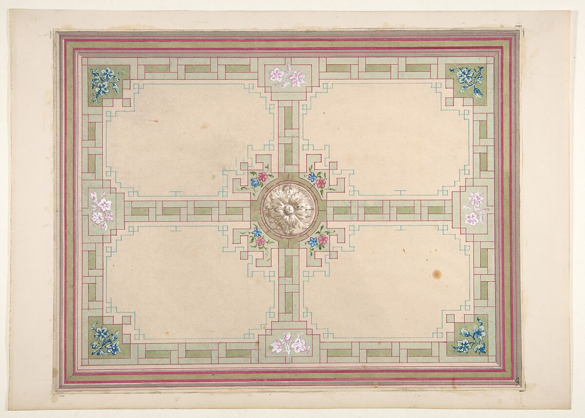 Design for a ceiling with floral accents and Greek key border, Jules-Edmond-Charles Lachaise (French, died 1897), Graphite, gouache, and watercolor 
