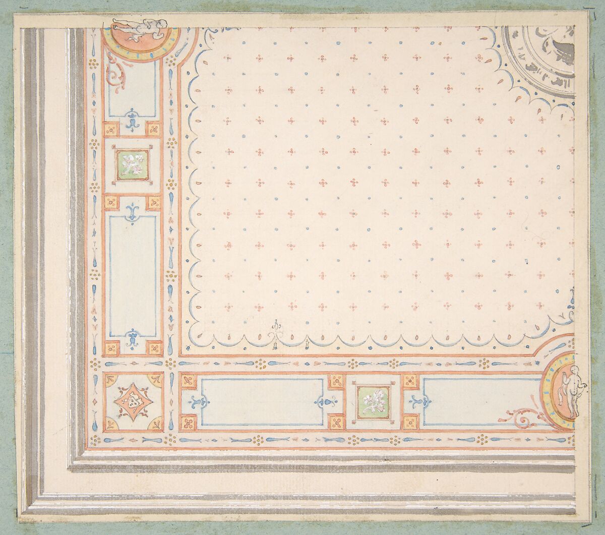 Design for a ceiling (recto); meaurements with design code (verso), Jules-Edmond-Charles Lachaise (French, died 1897), Graphite, gouache, and watercolor 