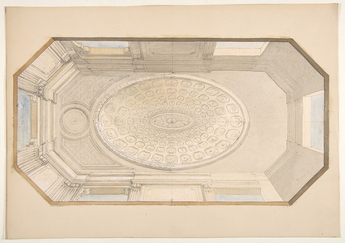 Design for a coiffered ceiling, Jules-Edmond-Charles Lachaise (French, died 1897), Graphite, pen and black ink, gouache, and watercolor 