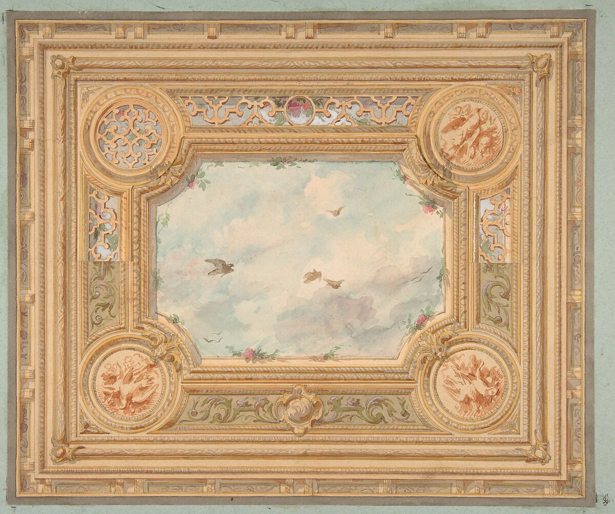 Design for a ceiling with four medallions and sky motif in center, Jules-Edmond-Charles Lachaise (French, died 1897), Graphite and watercolor 
