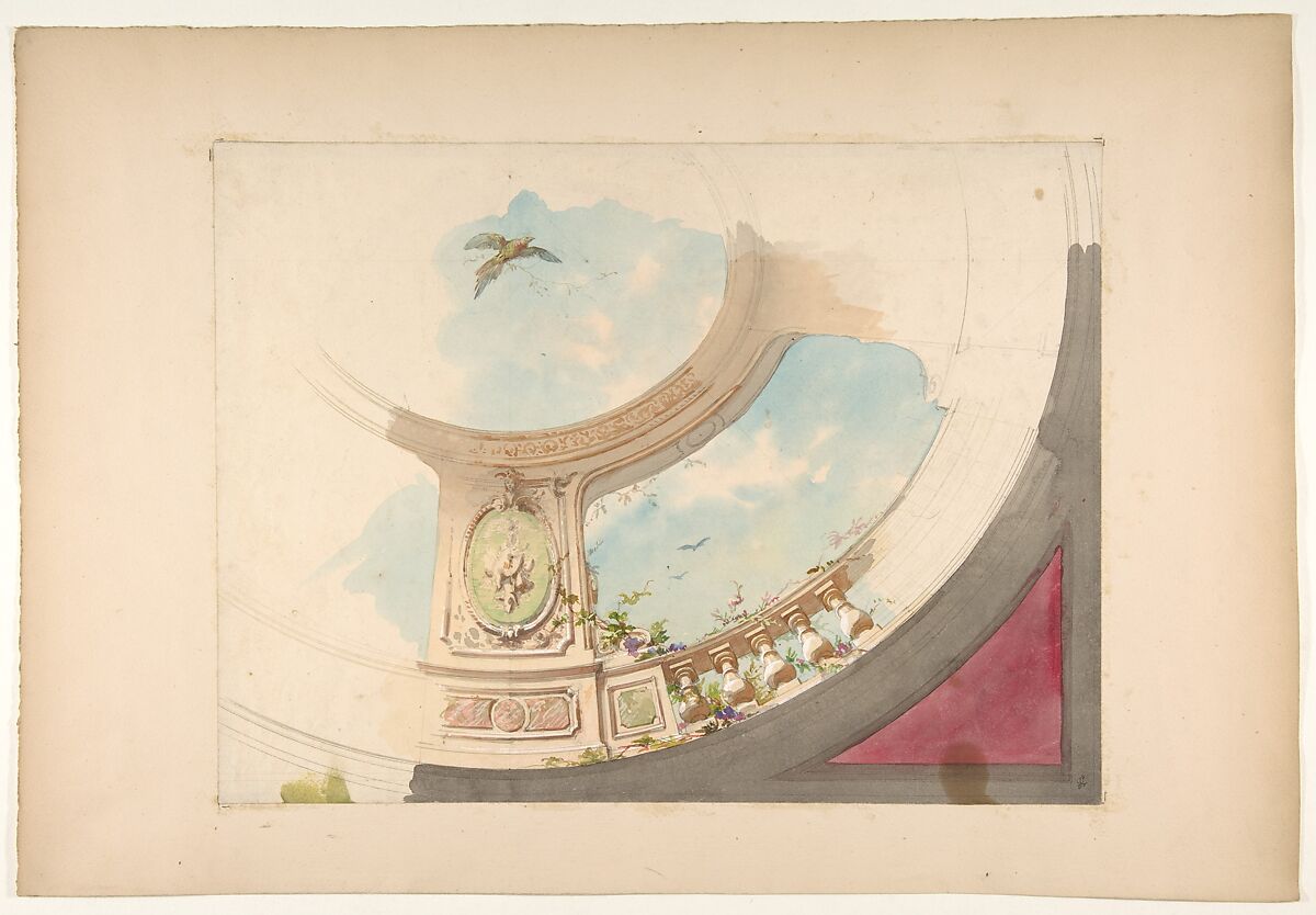 Design for a ceiling with trompe l'oeil balustrade and sky, Jules-Edmond-Charles Lachaise (French, died 1897), Graphite, gouache, and watercolor 