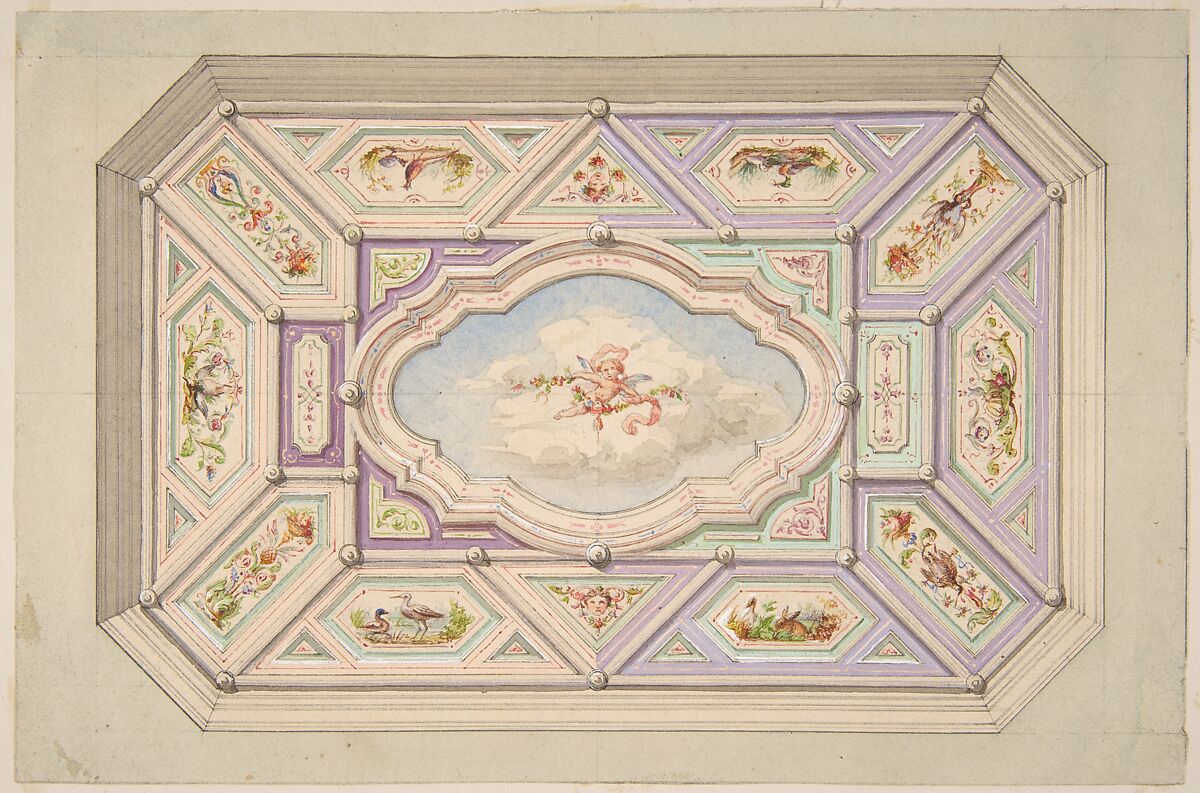 Design for a ceiling with a putto, Jules-Edmond-Charles Lachaise (French, died 1897), Graphite, pen and black ink, gouache, and watercolor 
