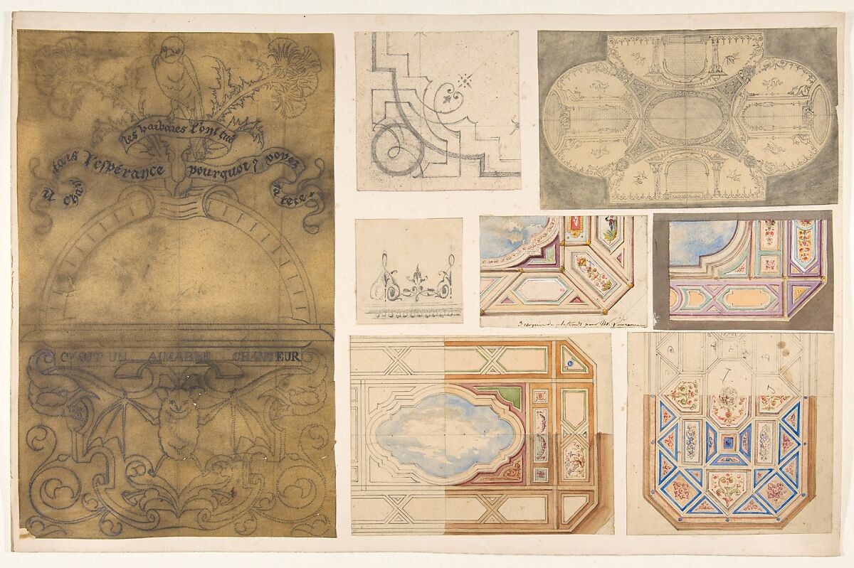 Eight designs for a ceiling, Jules-Edmond-Charles Lachaise (French, died 1897), Graphite, gouache, and watercolor 