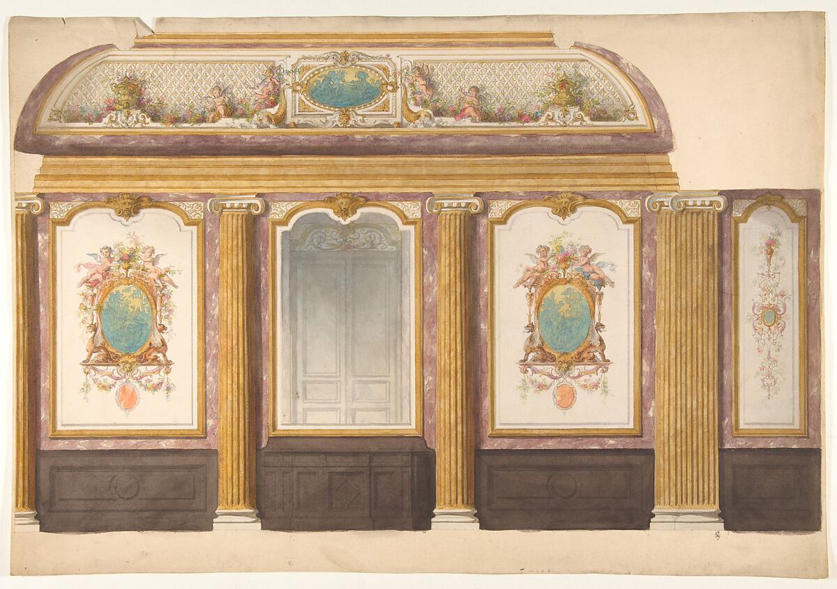 Design for wall panels with putti and flower garlands, Jules-Edmond-Charles Lachaise (French, died 1897), Graphite, pen and black ink, and watercolor 