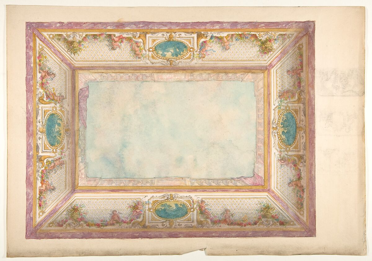 Design for a ceiling with trompe l'oeil balustrade and putti, Jules-Edmond-Charles Lachaise (French, died 1897), Graphite and watercolor 