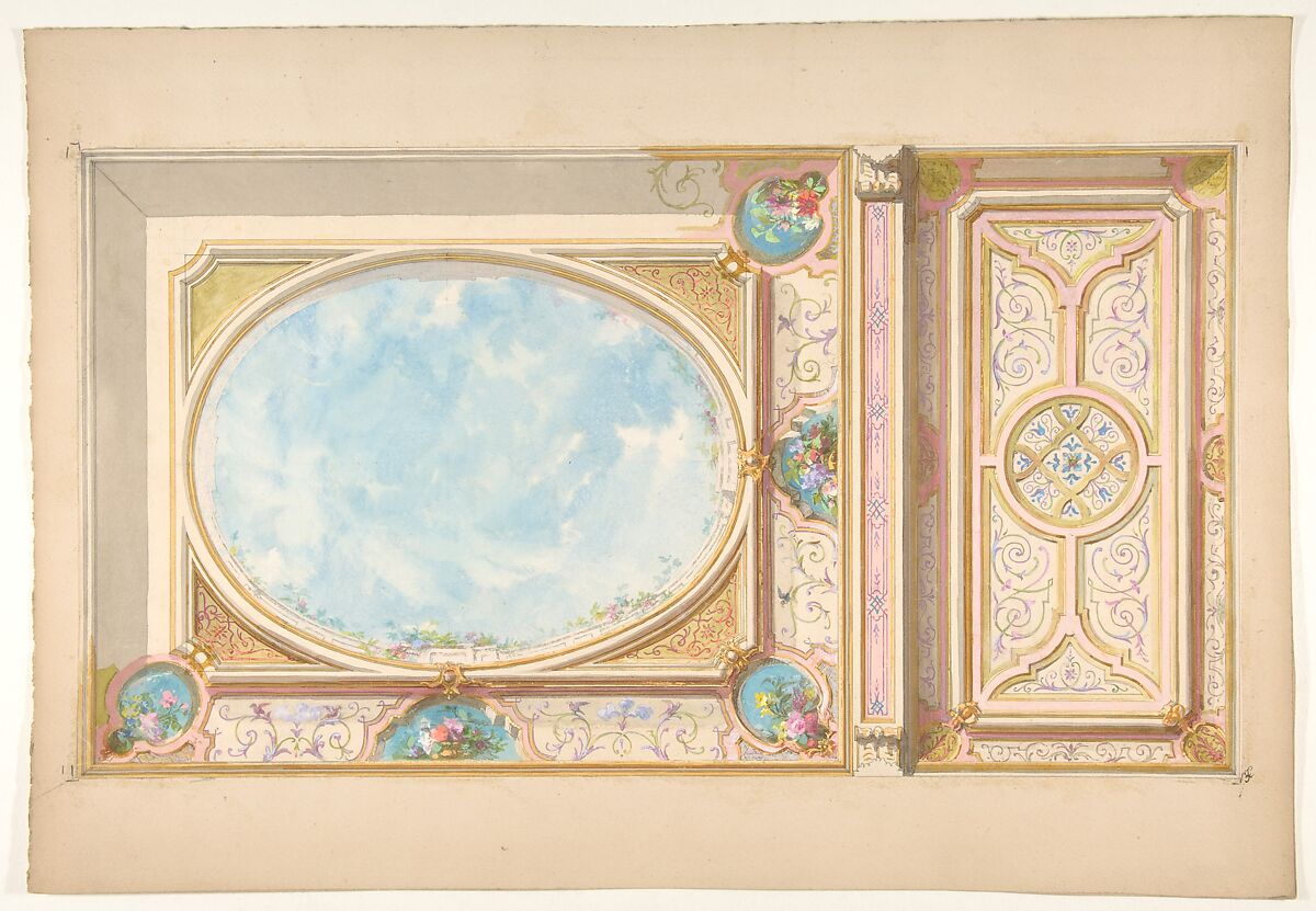 Design for a ceiling, Jules-Edmond-Charles Lachaise (French, died 1897), Graphite, pen and black ink, gouache, and watercolor 