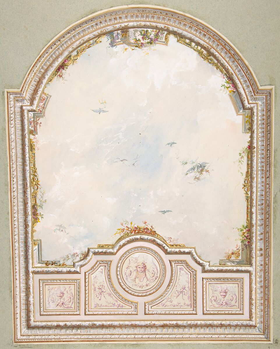 Deign for a ceiling a a trompe l'oeil sky, Jules-Edmond-Charles Lachaise (French, died 1897), Graphite, pen and black ink, gouache, and watercolor 