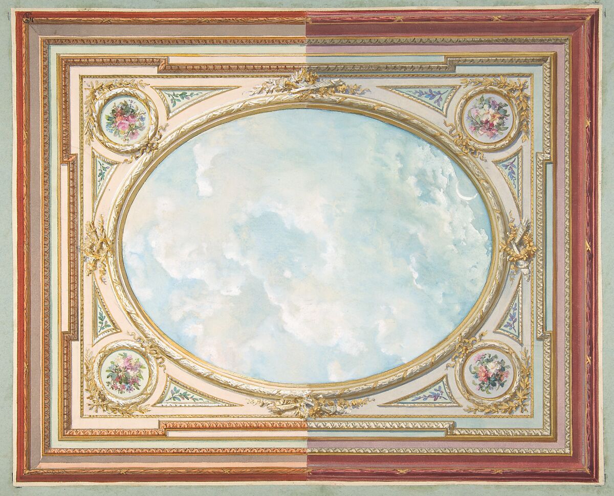 Design for a ceiling of trompe l'oeil sky, Jules-Edmond-Charles Lachaise (French, died 1897), Graphite, pen and black ink, gouache, and watercolor 