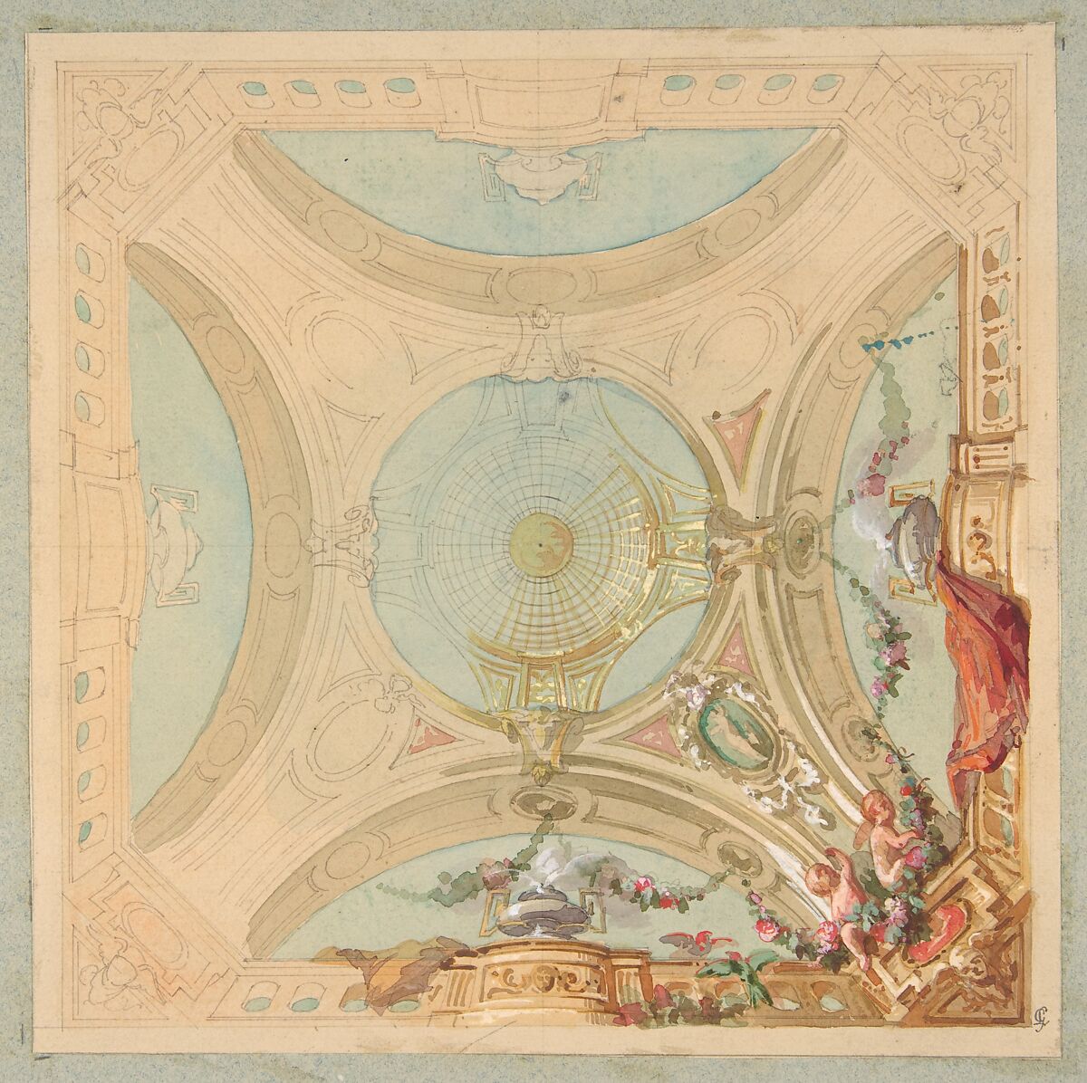 Design for a ceiling with garland bearing putti, Jules-Edmond-Charles Lachaise (French, died 1897), Graphite, gouache, and watercolor 