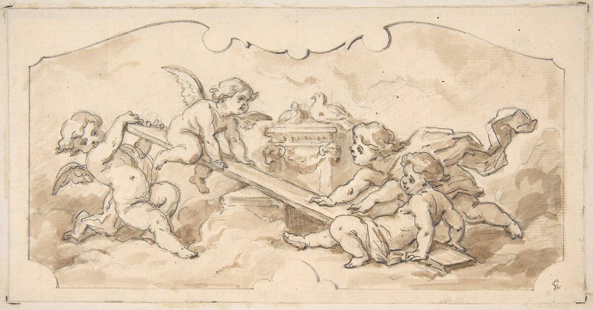Putti at play, Jules-Edmond-Charles Lachaise (French, died 1897), Graphite and brown wash 