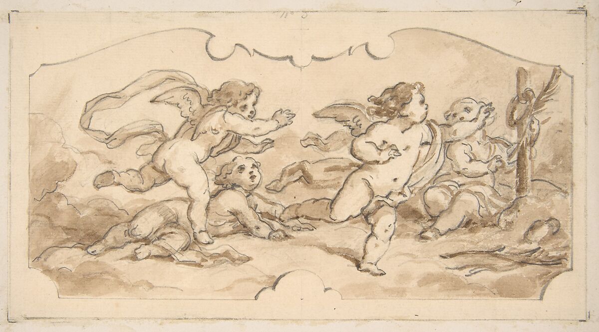 Putti at play, Jules-Edmond-Charles Lachaise (French, died 1897), Graphite and brown wash 