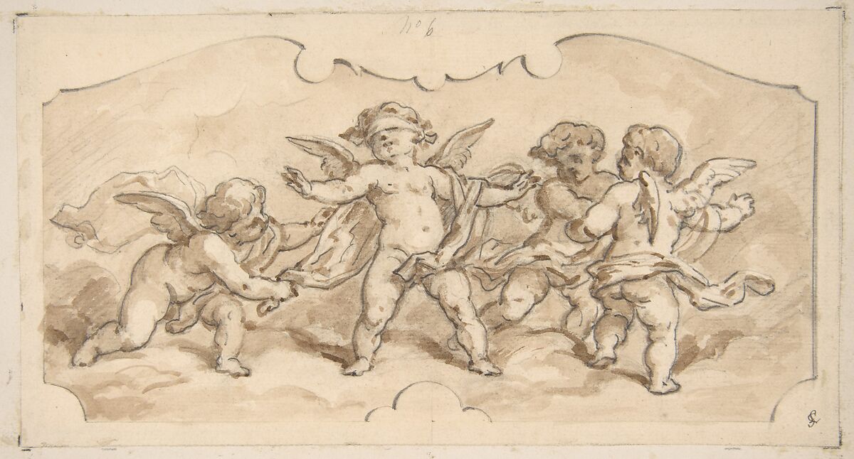 Putti at play, Jules-Edmond-Charles Lachaise (French, died 1897), Graphite and brown wash 