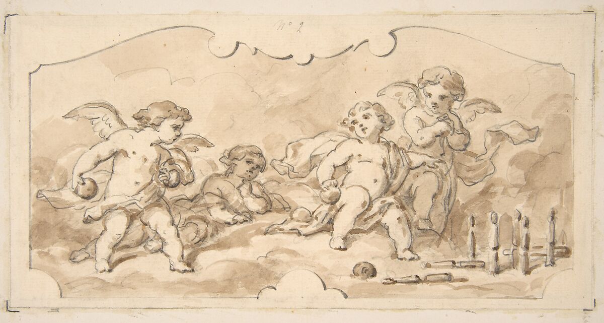 Putti at play, Jules-Edmond-Charles Lachaise (French, died 1897), Graphite and brown wash 