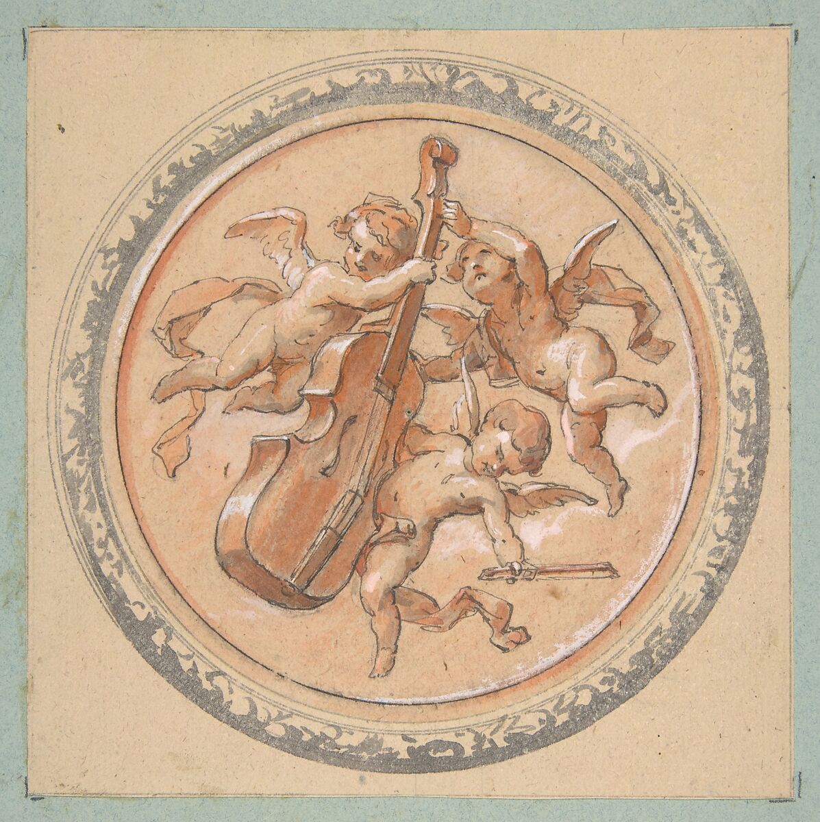 Medallion with putti holding a cello, Jules-Edmond-Charles Lachaise (French, died 1897), Graphite and watercolor 